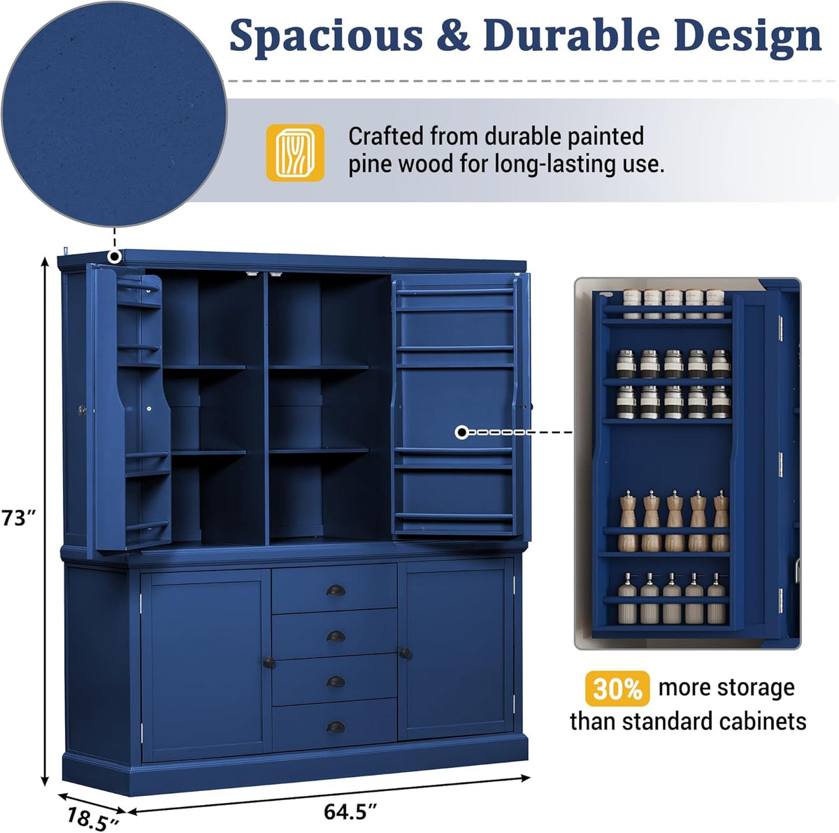 Merax 73''H Freestanding Wooden Kitchen Pantry Storage Cabinet, Organizers with 2 Upper & 2 Bottom Cabinets & 4 Drawers & 8 Adjustable Shelves, Anti-Tipping Device Cupboard for Dining Room, Blue