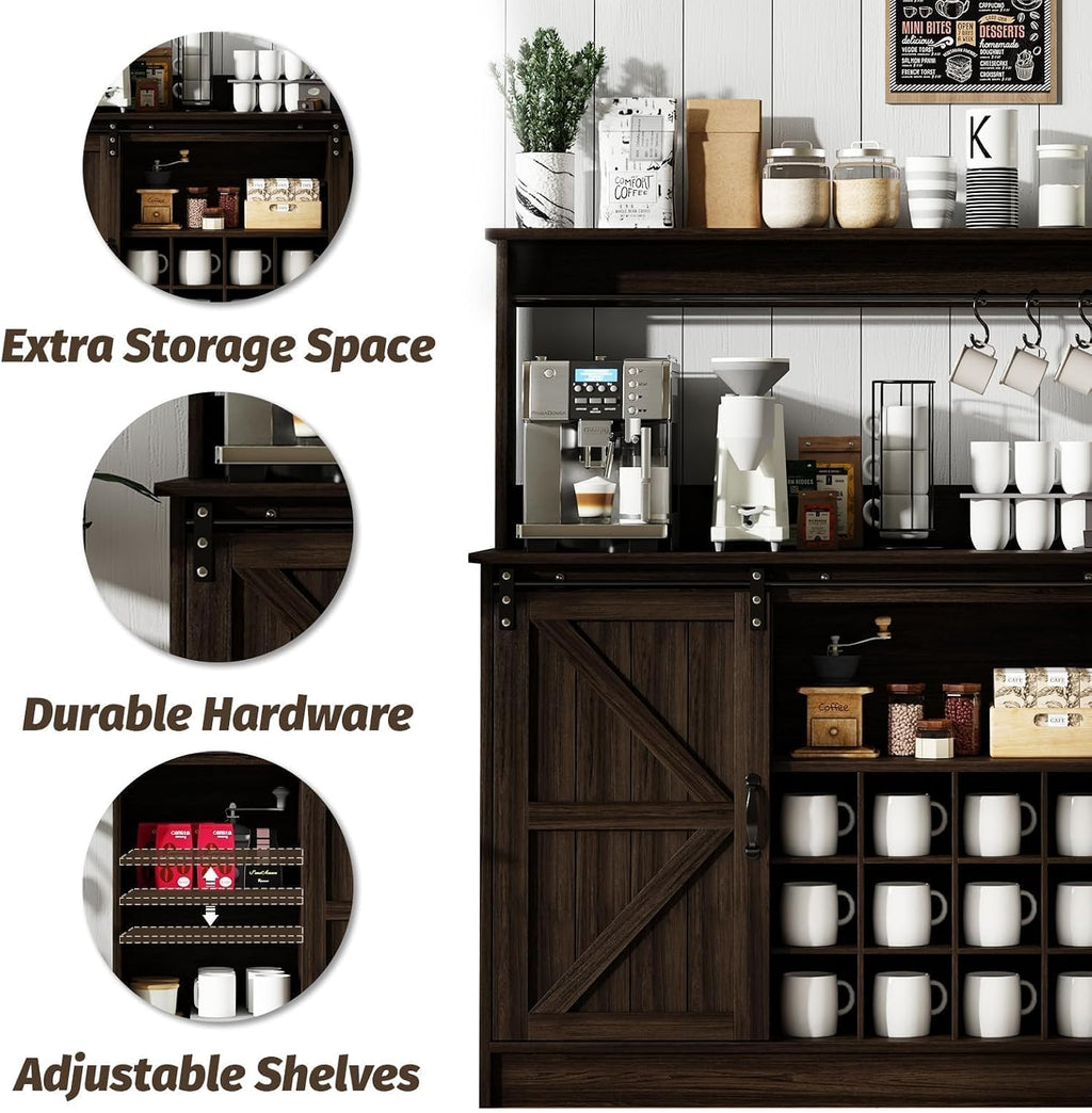 4ever2buy 55" Farmhouse Coffee Bar Cabinet with Storage & Wine Rack, Oak | Storage Hutch with Adjustable Shelves, Wine Rack and 8 Hooks for Living Room or Dining Room Storage