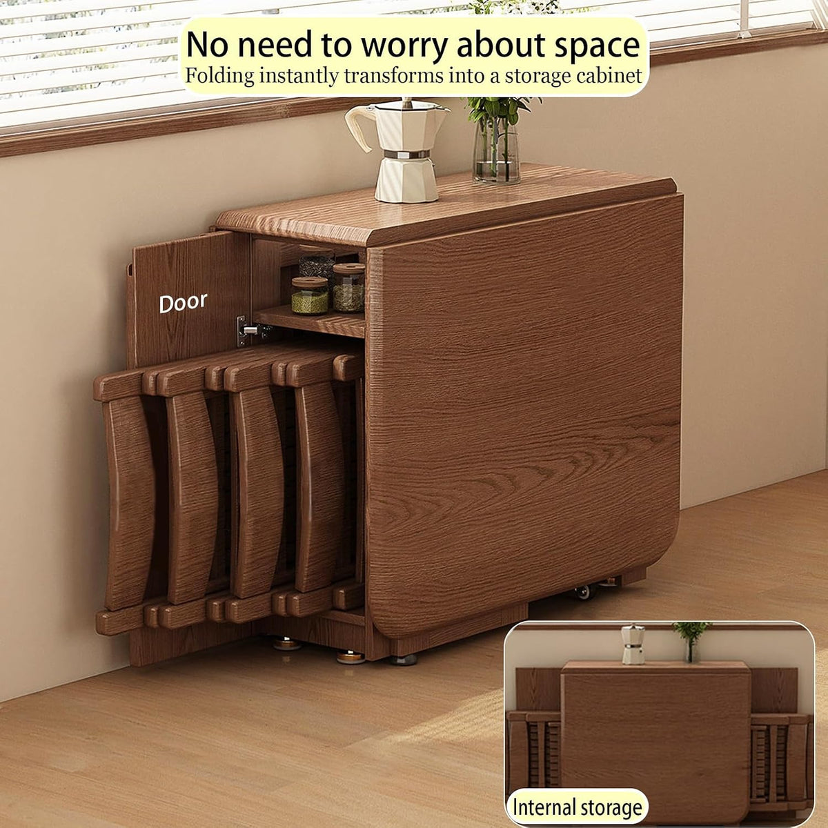 Folding Dining Table with Storage,Foldable into a Small Dining Table with Drawer and Storage,Applicable to All Room types-Walnut-120CM | 47.2"x31.5"x29.5"