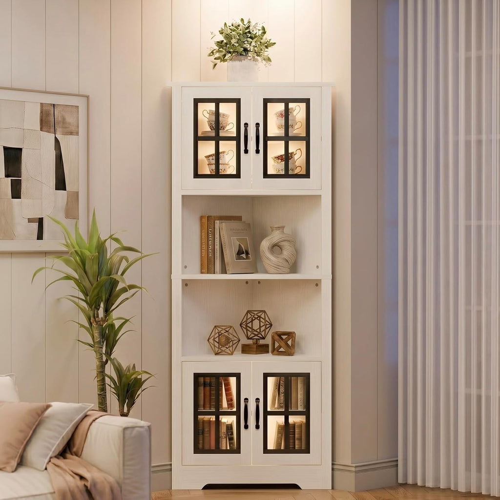 Corner Cabinet with Glass Doors and LED Lights, 67" Tall Corner Pantry Cabinet, Modern Farmhouse Corner Cabinet Organizer for Bathroom Kitchen Living Room, White