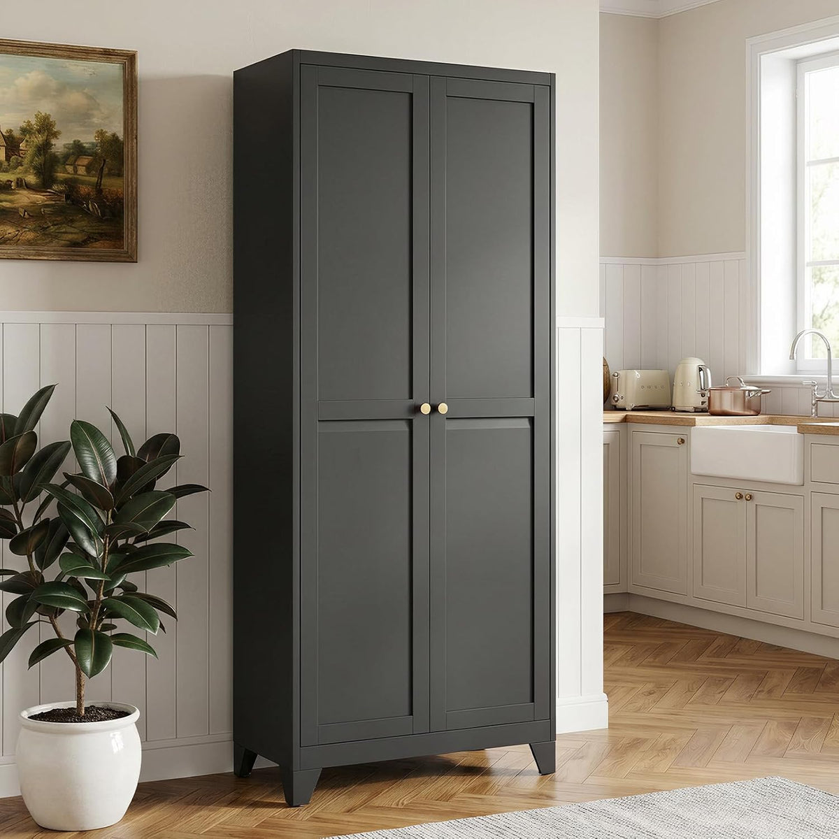 71" Metal Kitchen Storage Cabinet with Doors, Freestanding Steel Pantry Cabinet, 4 Adjustable Shelves, for Dining Room, Black