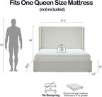 Queen Size Upholstered Platform Bed Frame, 54" High Headboard Carmen Wingback Bed, Fully Upholstered Mattress Foundation, No Box Spring Needed No Noise, Minimalist, Textured Ivory