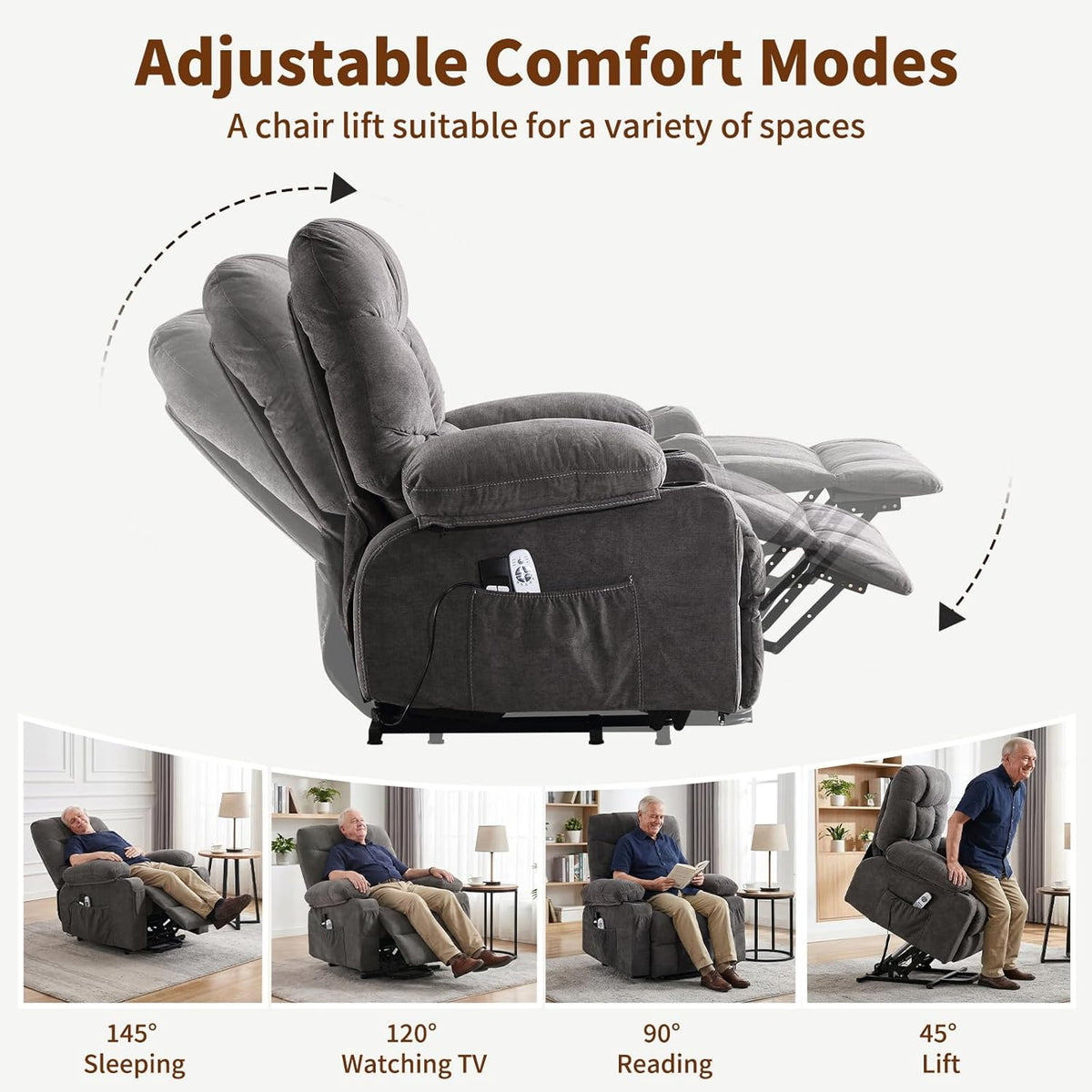 Power Lift Recliner Chair for Elderly with Massage and Heat, Comfortable Electric Power Reclining Chair with Side Pockets,2 Cup Holders and USB Charging Port for Living Room (Grey)