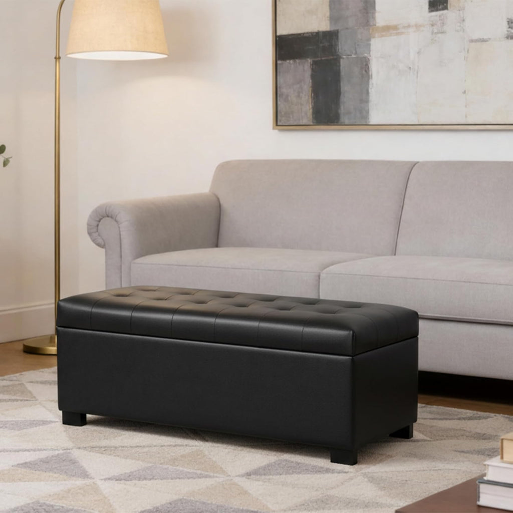 Spatial Order 46" Tufted Storage Bench - Black Faux Leather