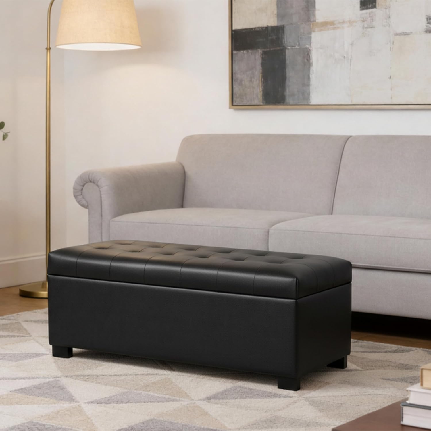 Spatial Order 46" Tufted Storage Bench - Black Faux Leather