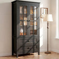 63" Kitchen Pantry Cabinet, Modern Farmhouse Storage Cabinet with Tempered Glass Doors & 2 Large Drawers, Wood Cupboard with Adjustable Shelves for Dining Room, Kitchen, Black