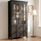 63" Kitchen Pantry Cabinet, Modern Farmhouse Storage Cabinet with Tempered Glass Doors & 2 Large Drawers, Wood Cupboard with Adjustable Shelves for Dining Room, Kitchen, Black
