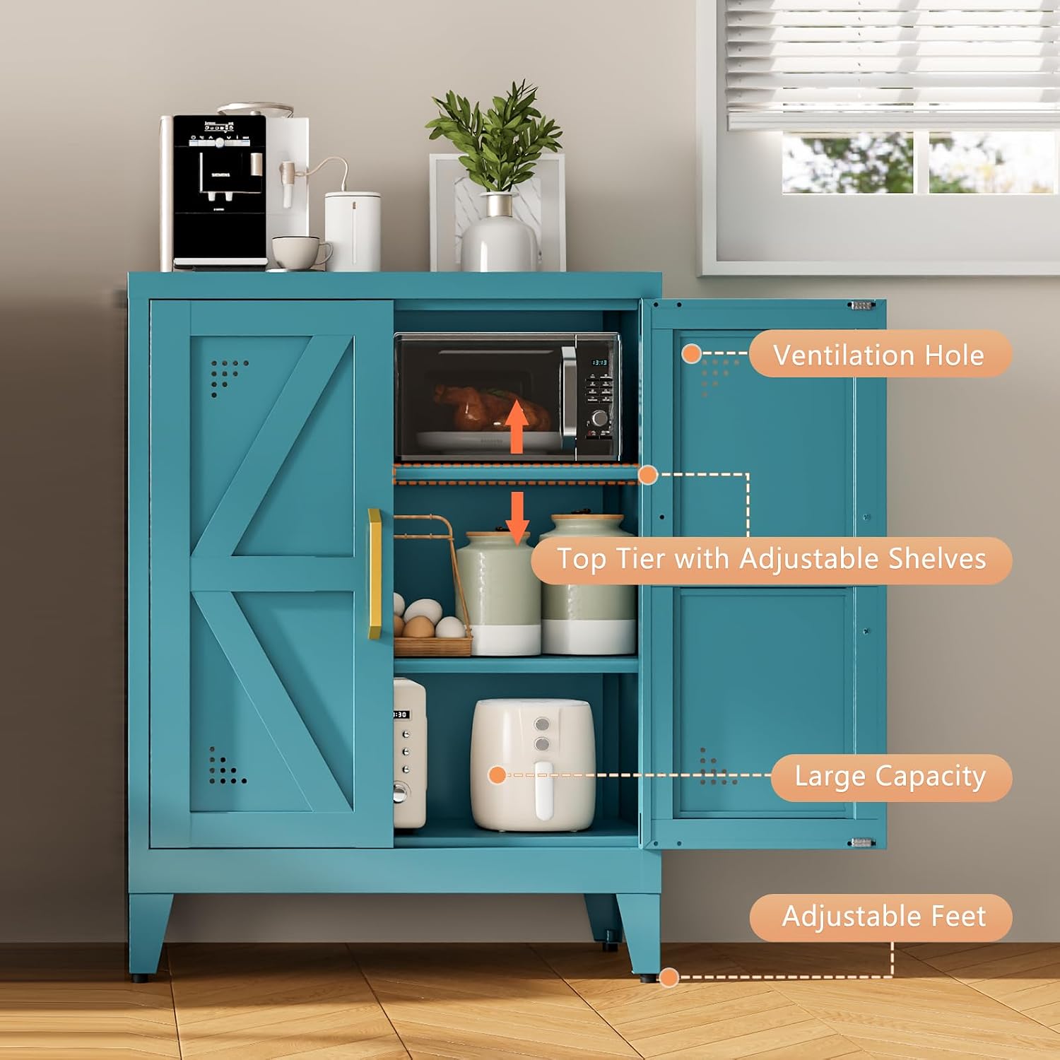 32" Metal Kitchen Pantry Cabinet,Floor Bathroom Storage Cabinet with 2 Adjustable Shelves,Freestanding Sideboard for Small Spaces, Living Room, Hallway, Dining Room,Blue