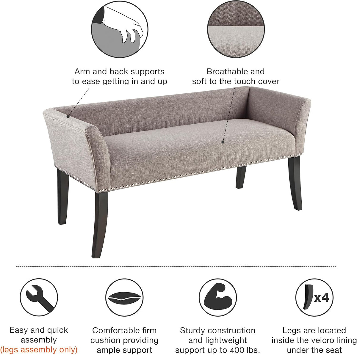 Madison Park Accent Bench, Upholstered with Nailhead Trim, & Padded Seat Entryway Bench Small, End of Bed Bench with Back, 49.5" W x 19.25" D x 23" H, Grey