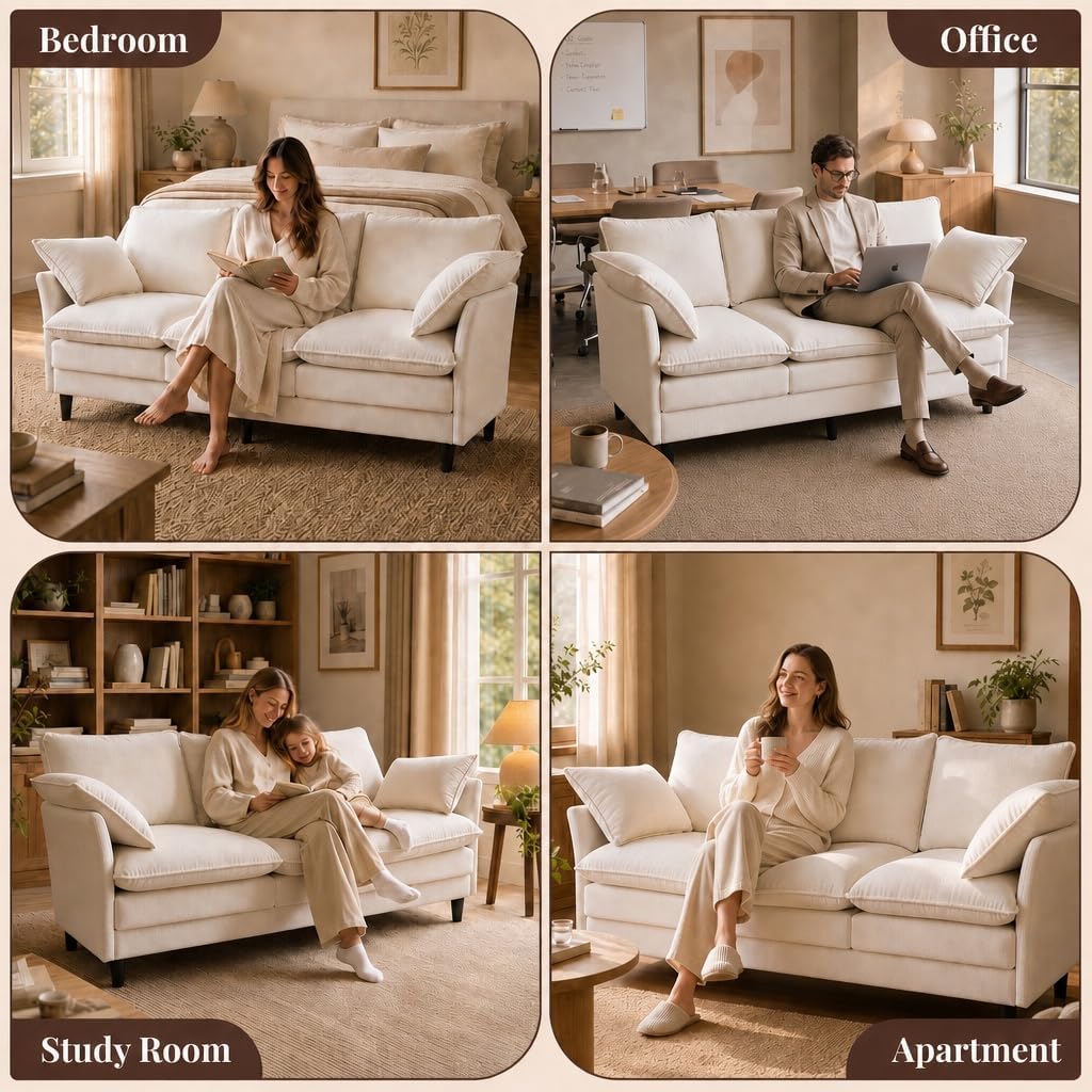 KYJ 69” Small Sofa, Cloud 3-Seat Love Seat, Small Couch for Living Room | 3 Layer Cushion, Washable Pillow, Deep Seat, Chenille Fabric, Raised Leg, Curved Armrest, In a Box for Small Spaces, Beige