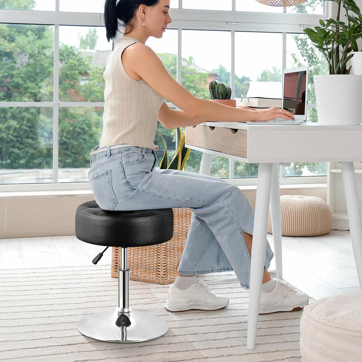 Nova Microdermabrasion Vanity Chair Stool Modern Tufted Round Ottoman Stool Swivel Makeup Chair for Bathroom Bedroom Living Room (Black)