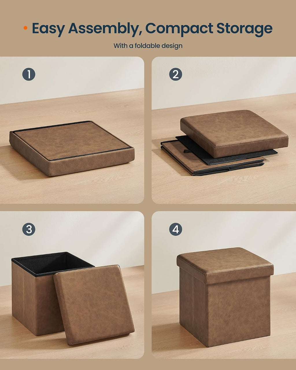 SONGMICS HOME Storage Ottoman, Removable Lid, Foldable Foot Stool, PU Leather, for Entryway, Living Room, Bedroom, 15.2 x 15.2 x 15.2 Inches, Brown