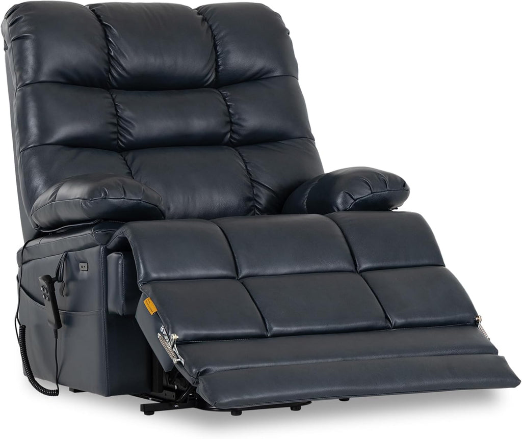 DYNOX Oversized 400 lbs Power Lift Recliner Chair for Big and Tall Seniors, Dual Motor Lay Flat Lift Chair with Extended Footrest, Heat & Massage, Genuine Leather, Dark Blue, 9305L