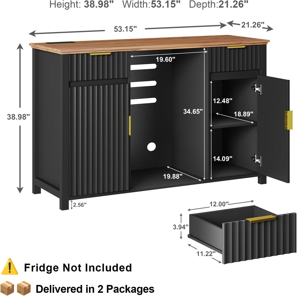 Coffee Bar with Mini Fridge Space & Charging Station, Modern Fluted Mini Fridge Cabinet, Large Bar Cabinet with Wine & Beverage Storage for Kitchen, Dining Room or Living Room