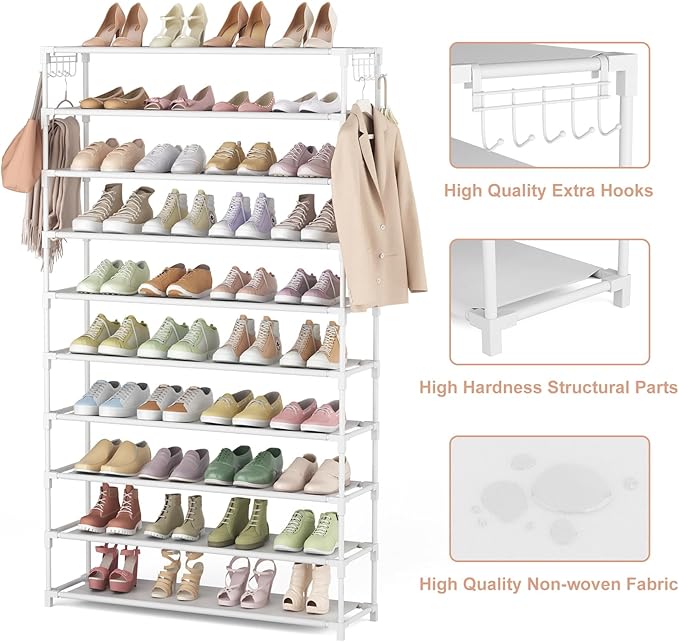 10 Tiers Shoe Rack 50 Pairs Large Capacity Tall Shoe Organizer Sturdy Shoe Storage with Two Hooks Space Saving Metal Wide Shoe Rack for Closet, Entryway, Bedroom, White