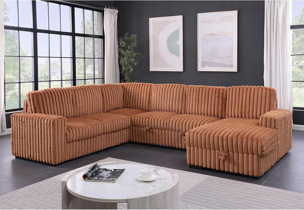 122'' Convertible U-Shaped Faux Rabbit Fur Plush Sectional Sleeper Sofa, Upholstered Cloud Couch Pull-Out Sofa Bed with Storage Chaise for Living Room (Orange, 122'' x 95.6'')