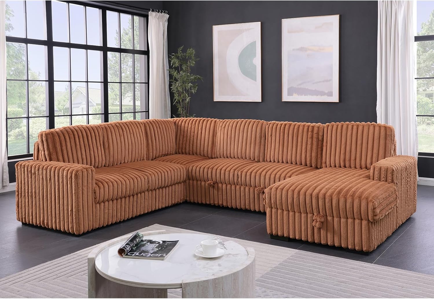 122'' Convertible U-Shaped Faux Rabbit Fur Plush Sectional Sleeper Sofa, Upholstered Cloud Couch Pull-Out Sofa Bed with Storage Chaise for Living Room (Orange, 122'' x 95.6'')