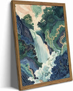 Framed Japanese Waterfall Canvas Wall Art, Abstract Landscape Wall Decor Paintings, Blue Green Nature Mountain Pictures Prints Zen Aesthetics Home Decor for Living Room Bedroom Bathroom 16x24 inch