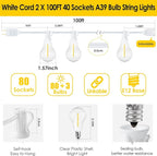 200FT(2x100FT) Outdoor String Lights, LED Patio Lights with 83 Waterproof Shatterproof A39 Dimmable Bulbs(3 Spare) for Deck Yard-2 Pack White