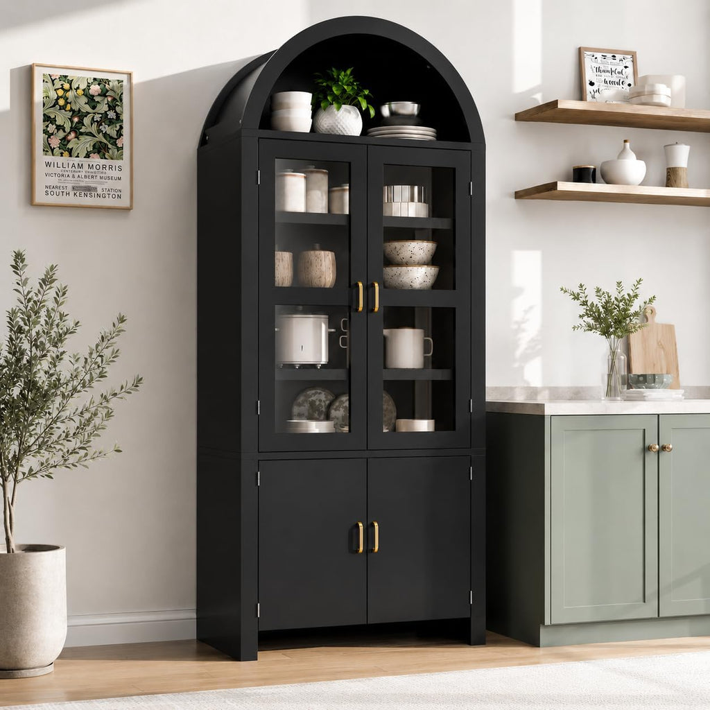 71" Tall Arched Kitchen Pantry Cabinet, Modern Farmhouse Wood Kitchens Storage Cabinets, Cupboard for Dining Room, Kitchen, Bathroom, Black