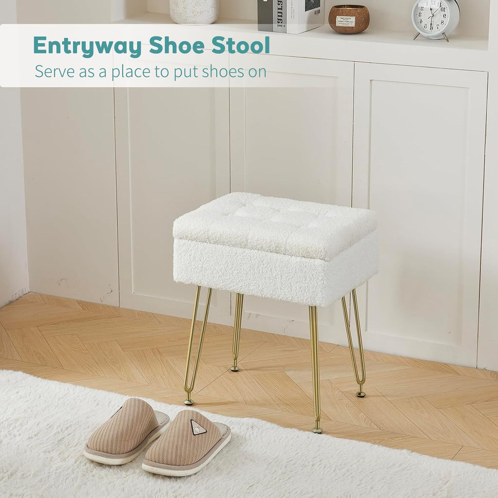 BRIAN & DANY Vanity Stool, Sherpa Vanity Stool Chair with Storage, Rectangle Makeup Chair Soft Padded Seat with Legs for Bedroom (White)