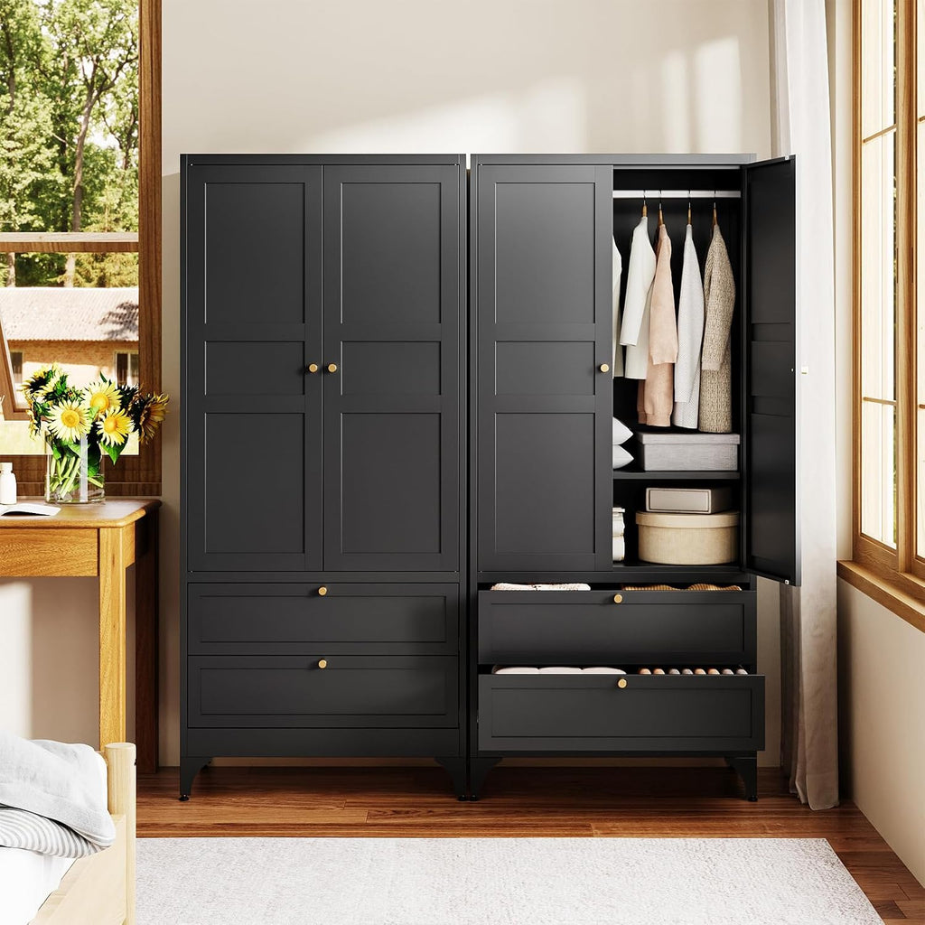 Letaya Metal Armoire Wardrobe Closet with Drawers,Clothing Storage Cabinet with Doors and Shelves,Coat Closet with Hanging Rod,Bedroom,Home,Cloak Room,Black-71 H x 32" W x 18" D