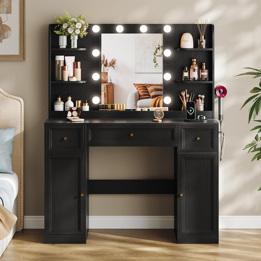 Large Makeup Vanity Desk with Mirror and Lights & Charging Station, Black | 3 Lighting Modes Adjustable Brightness, 3 Drawers, 2 Large Cabinets, 4 open shelves and Hairdryer Holder for Women Girls