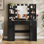Large Makeup Vanity Desk with Mirror and Lights & Charging Station, Black | 3 Lighting Modes Adjustable Brightness, 3 Drawers, 2 Large Cabinets, 4 open shelves and Hairdryer Holder for Women Girls