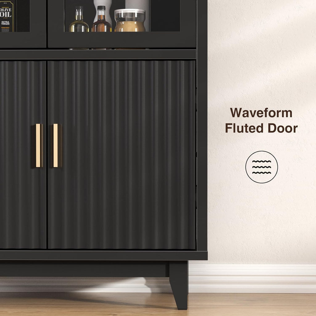 FiveWillowise Kitchen Pantry Cabinet with Glass Doors - Arched Design, Solid Wood Legs, Artistic Fluted Door, Adjustable Shelves, 70.8" Curved Storage Cabinet for Kitchen, Dining Room