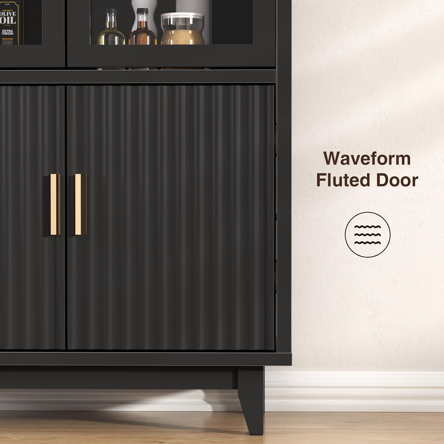 FiveWillowise Kitchen Pantry Cabinet with Glass Doors - Arched Design, Solid Wood Legs, Artistic Fluted Door, Adjustable Shelves, 70.8" Curved Storage Cabinet for Kitchen, Dining Room