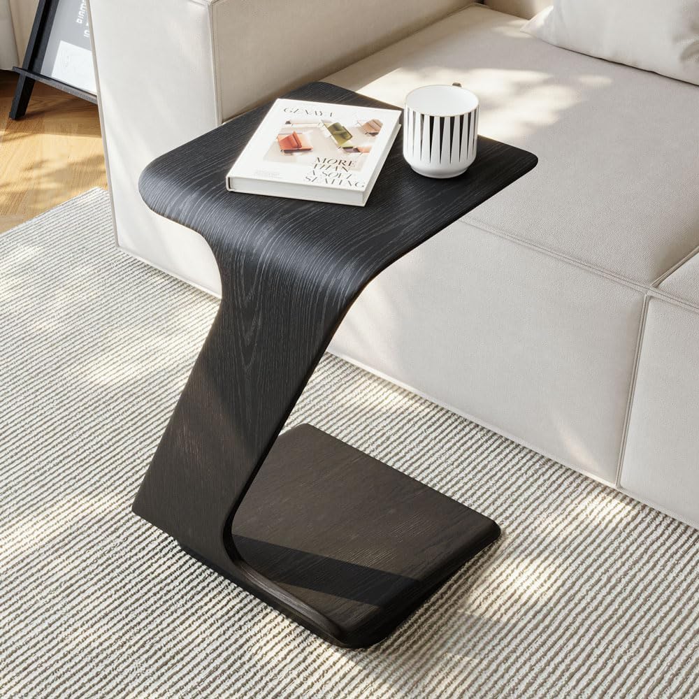 POVISON Modern C-Shaped Side Table Set with Wheels, 15" End Table for Small Spaces, Couch Tables that Slide Under, C Shaped Side Tables Living Room and Bedroom for Sofa, Bed,Chair,Black