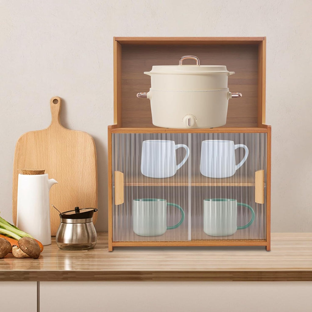Kitchen Storage Cabinet with Sliding Doors, Bamboo Kitchen Pantry Sideboard, Adjustable Shelf Height, Semi-Clear Glass, for Spice Jars, Kitchen Utensils, Cups, Props, 17.7"x11"x24" (Tawny)