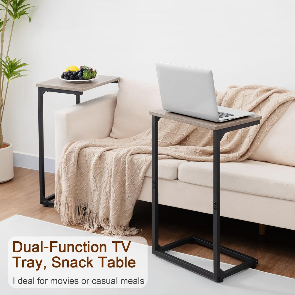AMHANCIBLE C Shaped End Tables Set of 2, Couch Side Tables that Slide Under Sofa, Slim TV Trays for Living Room and Bedroom, Narrow Space Saving Laptop Workstation, Grey, HET02BGY