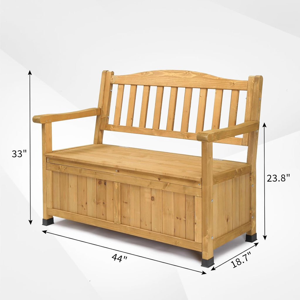 Outdoor Wood Storage Bench Deck Box, Entryway Porch Storage Bench, Wood Loveseat for Garden, Lawn, Balcony & Yard
