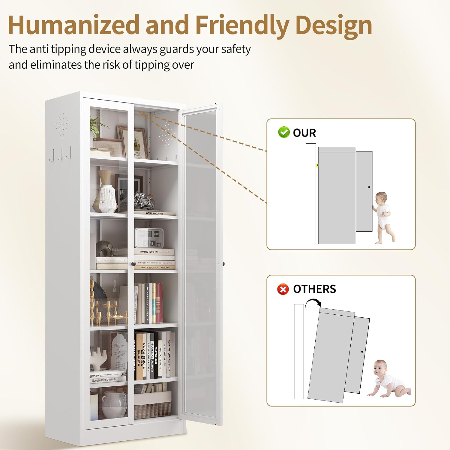Kitchen Pantry Cabinet, 72" H Storage Cabinet with Glass Doors and Adjustable Shelves, Spacious Cupboard with Round Handles, Metal Kitchen Cabinet for Dining Room, Living Room, White