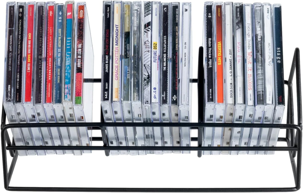 MyGift 3 Slot CD Holder, 30 Capacity Black Metal Media Organizer Rack | Three-slot stand stores up to 30 jewel cases for CDs, DVDs, and video games in a compact tabletop design