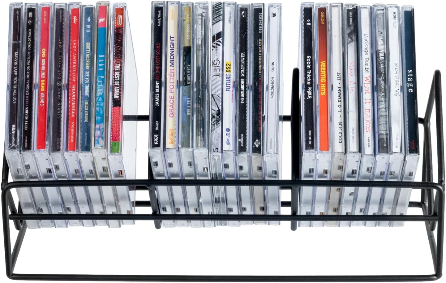 MyGift 3 Slot CD Holder, 30 Capacity Black Metal Media Organizer Rack | Three-slot stand stores up to 30 jewel cases for CDs, DVDs, and video games in a compact tabletop design