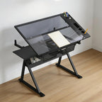 Drafting Table, Height Adjustable Drawing Table for Artists and Hobbyists, 0-75° Tiltable Glass Tabletop Art Table Painting Table Art Craft Desk with Storage Drawers, Black