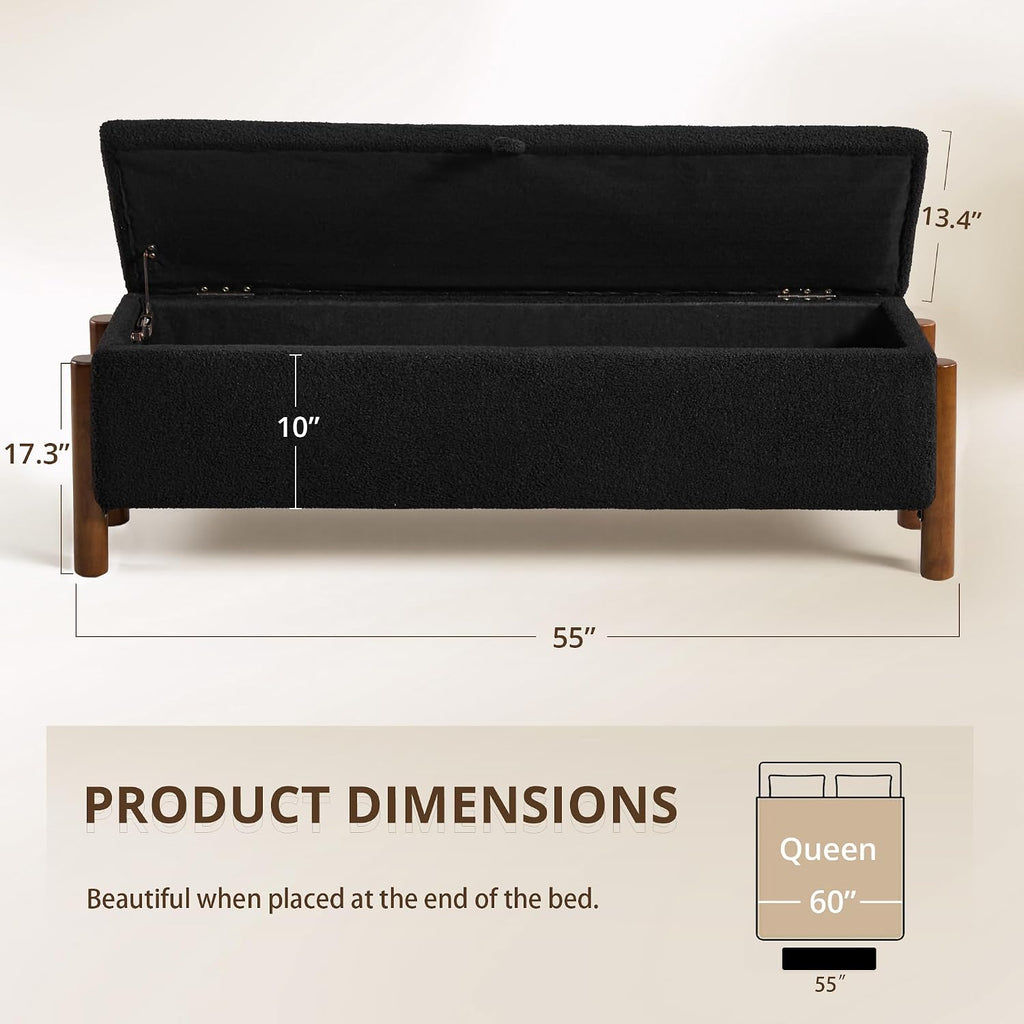 55'' Modern Storage Ottoman Benches | Walnut Wood Legs 26 Gallons Storage Space Fabric Upholstered Seating End of Bed for Bedroom for Livingroom Black