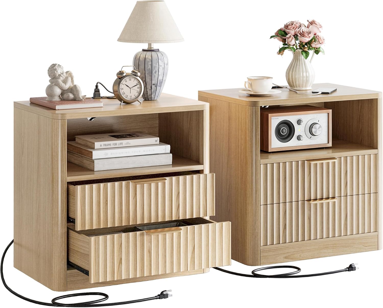 IRONCK Fluted Night Stand Set of 2, Oak