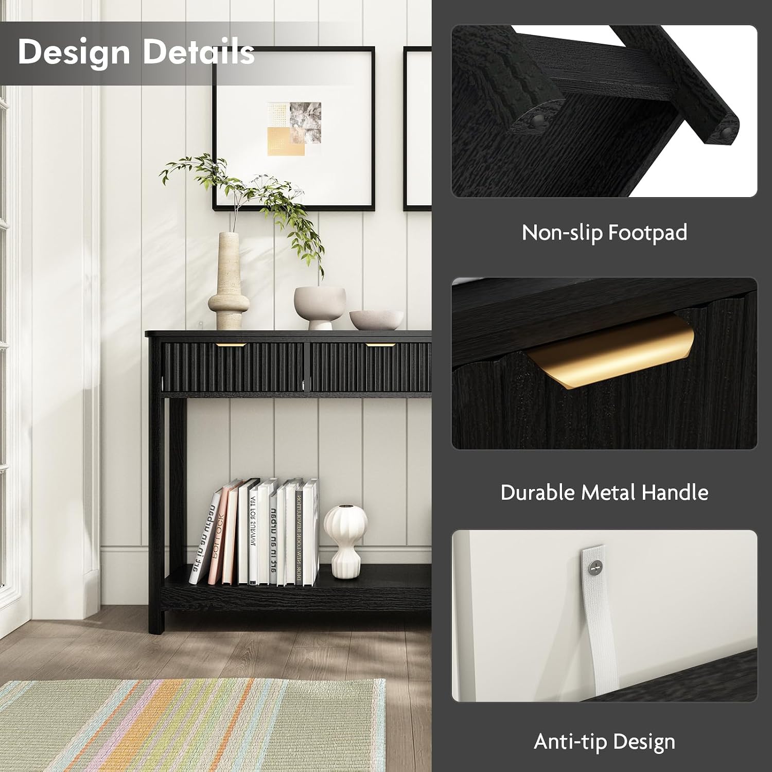 HOKYHOKY Fluted Console Table with Drawers, Modern 47.1" Entryway Table with Storage Shelf, Boho Narrow Skinny Behind Couch Wood Sofa Table for Living Room Hallway Entrance Foyer, Black