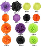 Black-Orange Purple Green Halloween Party-Decorations - 14pc Kit Paper Lanterns Fan,Tissue Flower Pom Poms Streamers,Honeycomb Balls,Birthday Supplie Wedding Baby Bridal Shower Decor Lasting Surprise