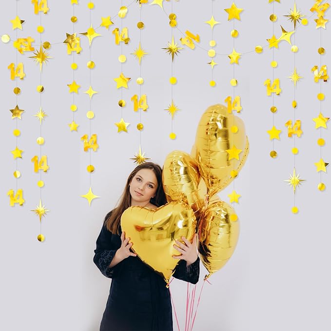 Gold 14th Birthday Decorations Number 14 Circle Dot Star Garland Metallic Hanging Streamer Banner Backdrop for Girls Boys Happy 14 Years Old Fabulous Birthday Fourteen Anniversary Party Supplies