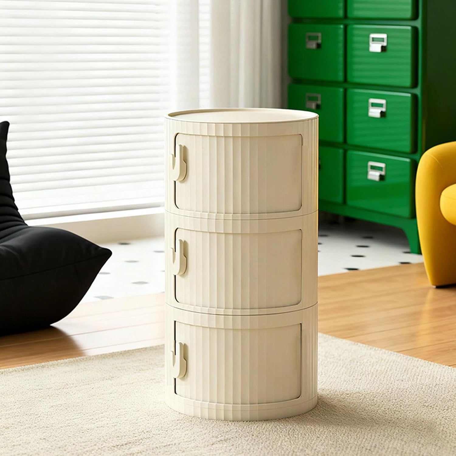 2/3/4 Tier Round Nightstand with Drawers, Round Bedside Table Plastic Nightstand Storage, Multifunctional End Table Storage Cabinet with Sliding Door, for Living Room, Bedroom, Bathroom(White,4 Tier)