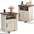 LINSY Farmhouse Night Stand Set of 2, 18.9” Wood End Table with Charging Station, Side Table for Bedroom, Living Room, Couch with USB Ports and Outlets, Nightstand with Storage, Beige