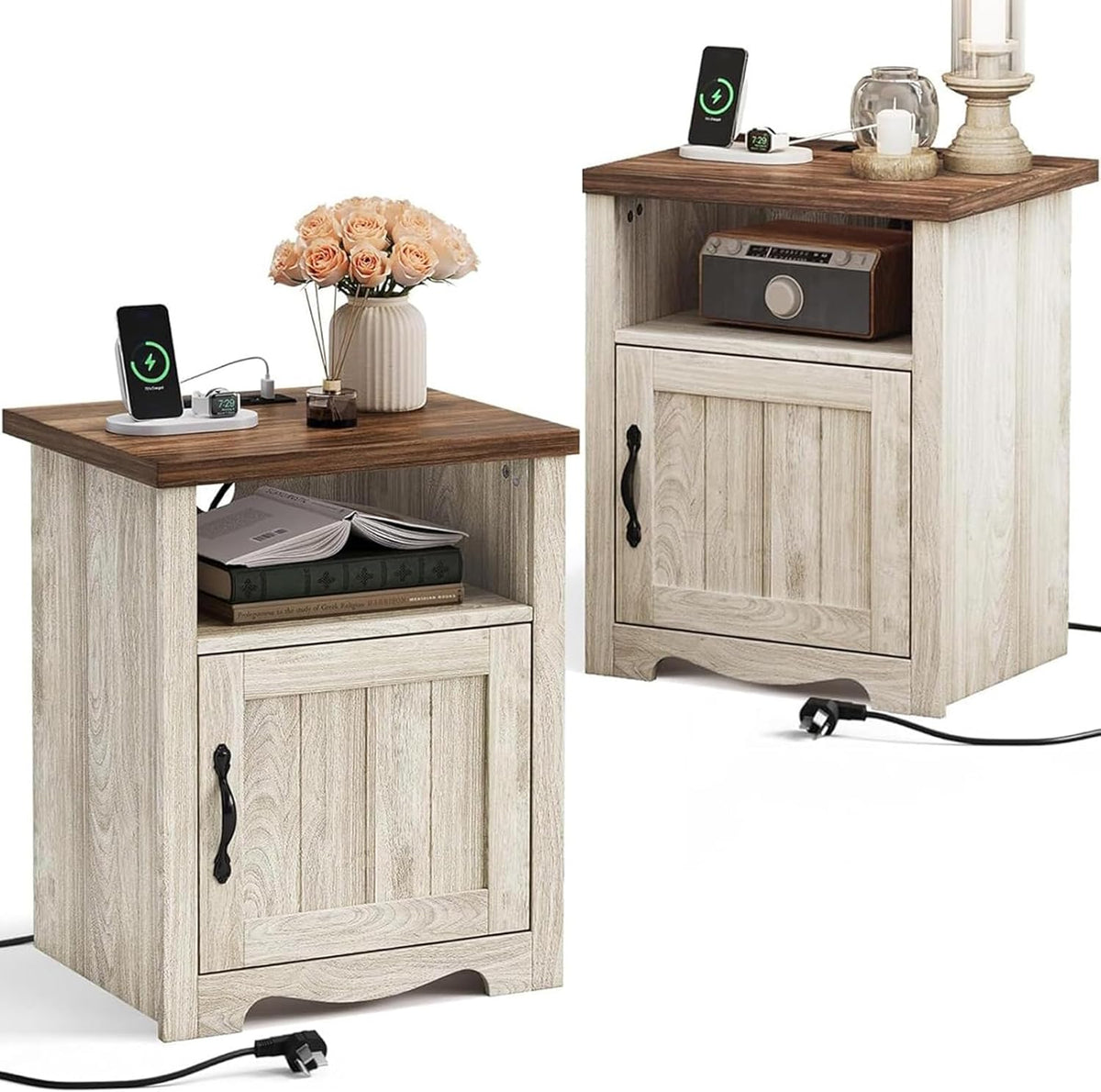LINSY Farmhouse Night Stand Set of 2, 18.9” Wood End Table with Charging Station, Side Table for Bedroom, Living Room, Couch with USB Ports and Outlets, Nightstand with Storage, Beige