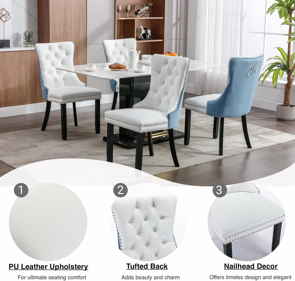 Modern Dining Chairs Set of 6, Tufted Upholstered Dining Room Chairs with Nailhead, PU Leather Front & Velvet Back, Solid Wood Legs, Kitchen Chairs, Sillas de Comedor (White & Light Blue)