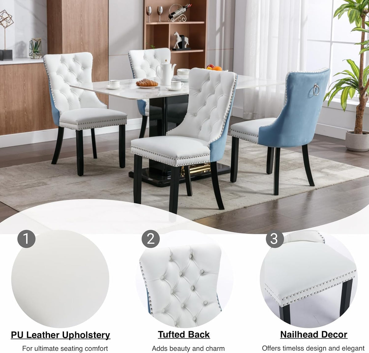 Modern Dining Chairs Set of 6, Tufted Upholstered Dining Room Chairs with Nailhead, PU Leather Front & Velvet Back, Solid Wood Legs, Kitchen Chairs, Sillas de Comedor (White & Light Blue)