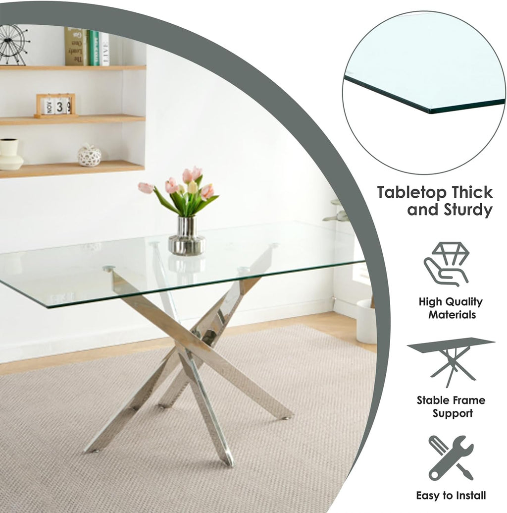 Modern 63 Inch Glass Dining Table Set for 6, 7 PCS Kitchen Table Set, Clear Tempered Glass Dinner Table with Silver Chrome Legs & Gray Upholstered PU Faux Leather Dining Chairs for Home, Dining Room