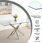 Modern 63 Inch Glass Dining Table Set for 6, 7 PCS Kitchen Table Set, Clear Tempered Glass Dinner Table with Silver Chrome Legs & Gray Upholstered PU Faux Leather Dining Chairs for Home, Dining Room
